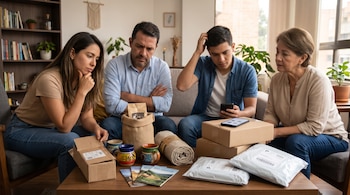 Cuatro personas sentadas ante una mesa con artesanías, folletos, paquetes de paquetería y teléfonos móviles en una sala de estar.