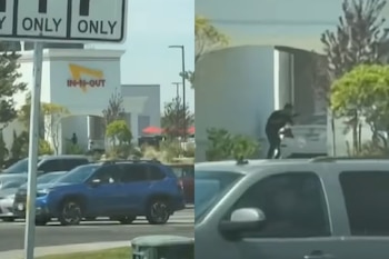 La imagen dividida muestra un restaurante In-N-Out, varios vehículos, vegetación y una persona armada junto a un camión