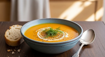 Un tazón azul de sopa de zanahoria anaranjada con eneldo y crema batida. A su lado, una rebanada de pan y una cuchara plateada sobre una mesa de madera.