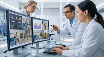 Tres personas con batas de laboratorio observan monitores que muestran fotos de perros con ángulos medidos y gráficos de colores.