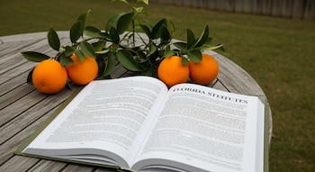 Copia impresa abierta del Estatuto de Florida sobre mesa de madera de jardín, con rama de naranjo y cuatro naranjas frescas, y fondo de césped.