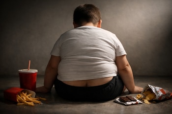 Un niño de espaldas, con camiseta blanca, sentado en el suelo. A su lado, patatas fritas, un vaso de refresco, patatas de bolsa y chocolate.