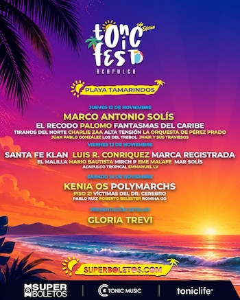 Cartel promocional con nombres de artistas del Tonic Fest sobre una ilustración de playa durante el atardecer