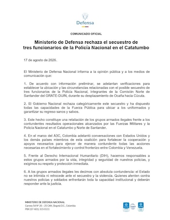 El Ministerio de Defensa vinculó el secuestro con una retaliación de grupos armados ilegales por los resultados operacionales en Catatumbo y Norte de Santander - crédito @mindefensa / X