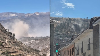 Doble imagen: izquierda, paisaje montañoso con gran nube de polvo; derecha, calle con edificios, semáforo y colina con nube de polvo