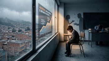 Niño sentado en pupitre, ventana con gráfico "ALERTAS: SALUD MENTAL E INFANCIA BOGOTÁ", paisaje urbano; sombras de adultos, pizarrón, adulto cabizbajo.