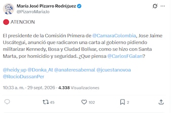 María José Pizarro expresó preocupación por la propuesta de militarizar el sur de Bogotá