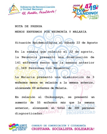 Comunicado oficial difundido por el Ministerio de Salud de Nicaragua a medios nacionales, con cifras sobre la evolución semanal de neumonía, malaria y chikungunya (Cortesía: Canal 4).