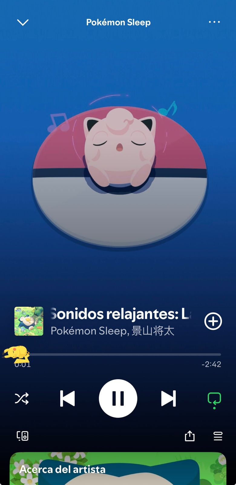 La reproducción está acompañada de un Pokémon durmiendo. (Spotify)