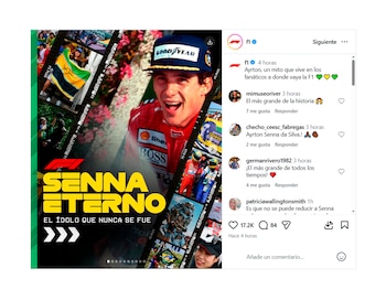 Ayrton Senna sonriendo con gorra azul Goodyear y uniforme rojo, rodeado de un collage de fotos que incluyen carreras, fans con banderas y esculturas