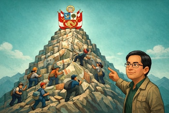 Ilustración de una montaña hecha de billetes y monedas peruanas con el escudo nacional en la cima. Varias personas escalan la montaña y Roberto Sánchez señala hacia ella.
