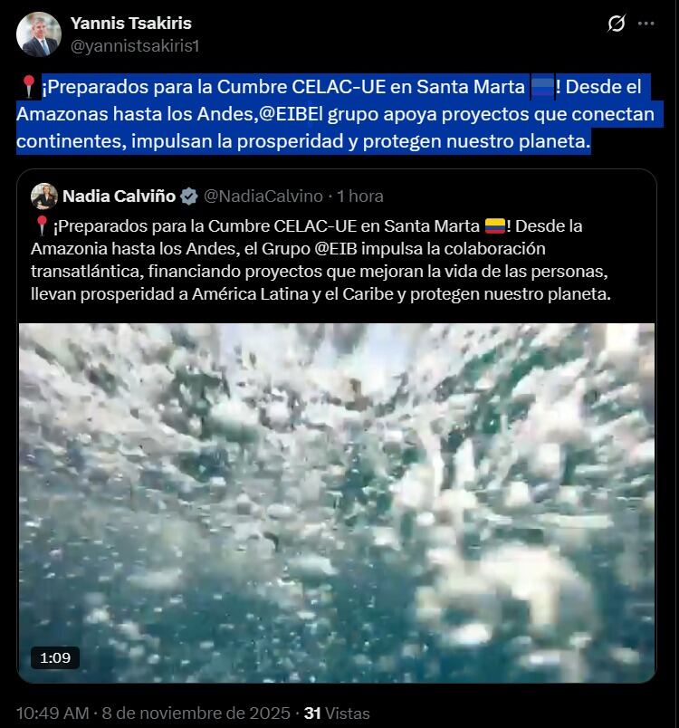 La entidad financiera europea destaca su respaldo a proyectos de desarrollo sostenible y cooperación regional durante el encuentro en Santa Marta, buscando fortalecer la integración y el bienestar en el continente latinoamericano - crédito captura de pantalla / X