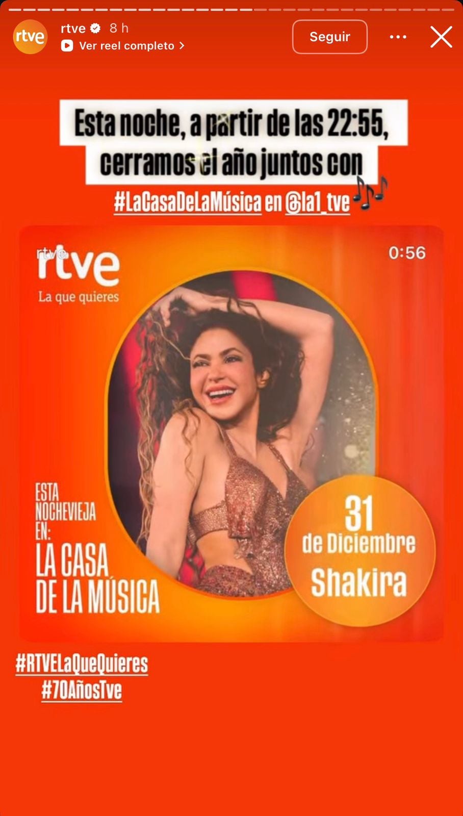 Shakira despide el año en directo por la televisión española - crédito @rtve/IG