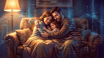 Un hombre, una mujer y una niña pequeña abrazados en un sofá. Hay una lámpara encendida a la izquierda y líneas luminosas y partículas digitales en el fondo.