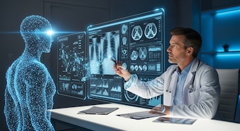 Médico en bata blanca señala una pantalla holográfica con radiografías y datos médicos, frente a una figura humana luminosa que representa la IA.