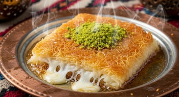Primer plano de künefe humeante en un plato de cobre, mostrando fideos kadayıf dorados, queso blanco derretido, jarabe y pistachos verdes triturados.