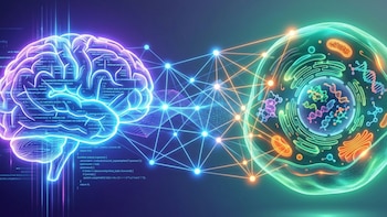 Ilustración digital futurista con un cerebro digital brillante a la izquierda y una célula humana estilizada a la derecha, unidos por nodos y líneas luminosas