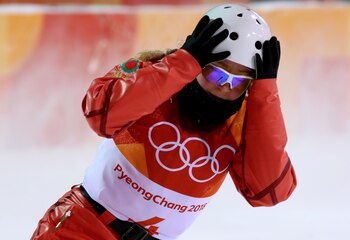 FILE PHOTO: Freestyle Skiing - Pyeongchang 2018 Winter Olympics - Women's Aerials Qualifications - Phoenix Snow Park - Pyeongchang, South Korea - February 15, 2018. Aliaksandra Ramanouskaya of Belarus reacts. REUTERS/Mike Blake/File Photo