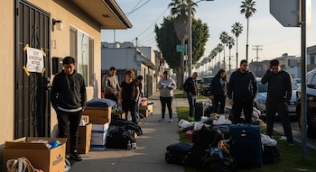 Un grupo de personas de pie en una acera de Los Ángeles con sus pertenencias apiladas en cajas y maletas, cerca de la entrada de una casa con un aviso de desalojo.