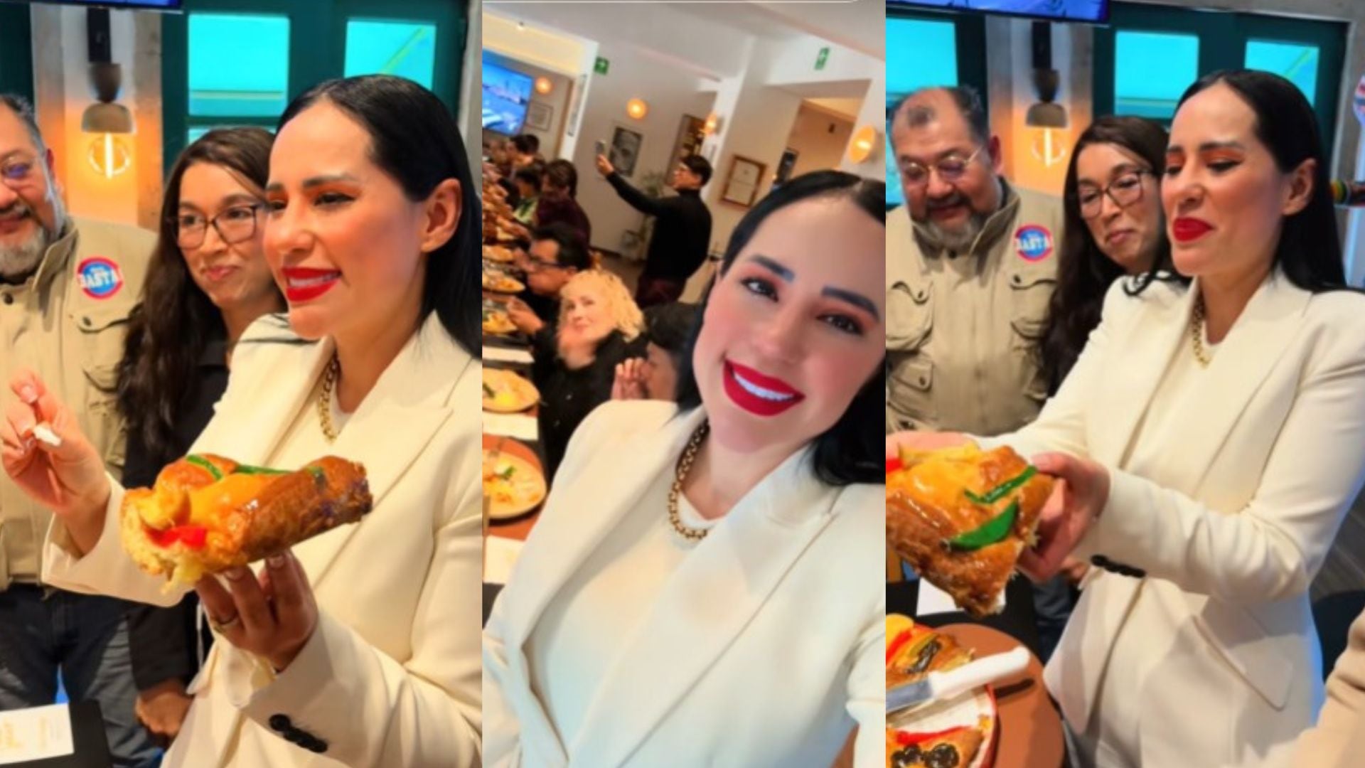 Sandra Cuevas se reunió con periodistas para cortar la rosca por el Día de Reyes en la Ciudad de México el 6 de enero de 2026. (Captura de pantalla @sandracuevas_)