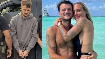 Montaje con un hombre esposado y encadenado a la izquierda, y el mismo hombre abrazado a una mujer en el mar a la derecha