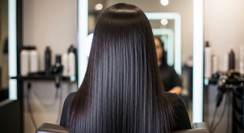 Mujer vista de espalda con cabello largo, liso y oscuro en una silla de peluquería. Productos de peluquería y un reflejo de espejo se observan al fondo.