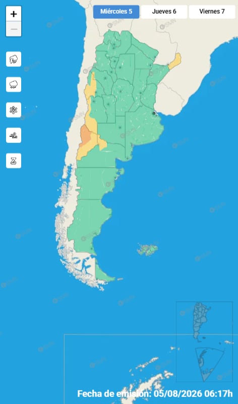 El mapa del Servicio Meteorológico Nacional de Argentina muestra advertencias meteorológicas con niveles de alerta para el miércoles 5 de agosto de 2026.