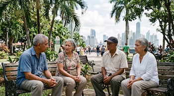 Cuatro adultos mayores sentados en bancos de madera conversan en un parque con palmeras y vegetación.