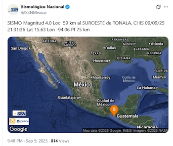 El movimiento telúrico ocurrió la noche de este martes 9 de septiembre. Foto: X/@SSNMexico.