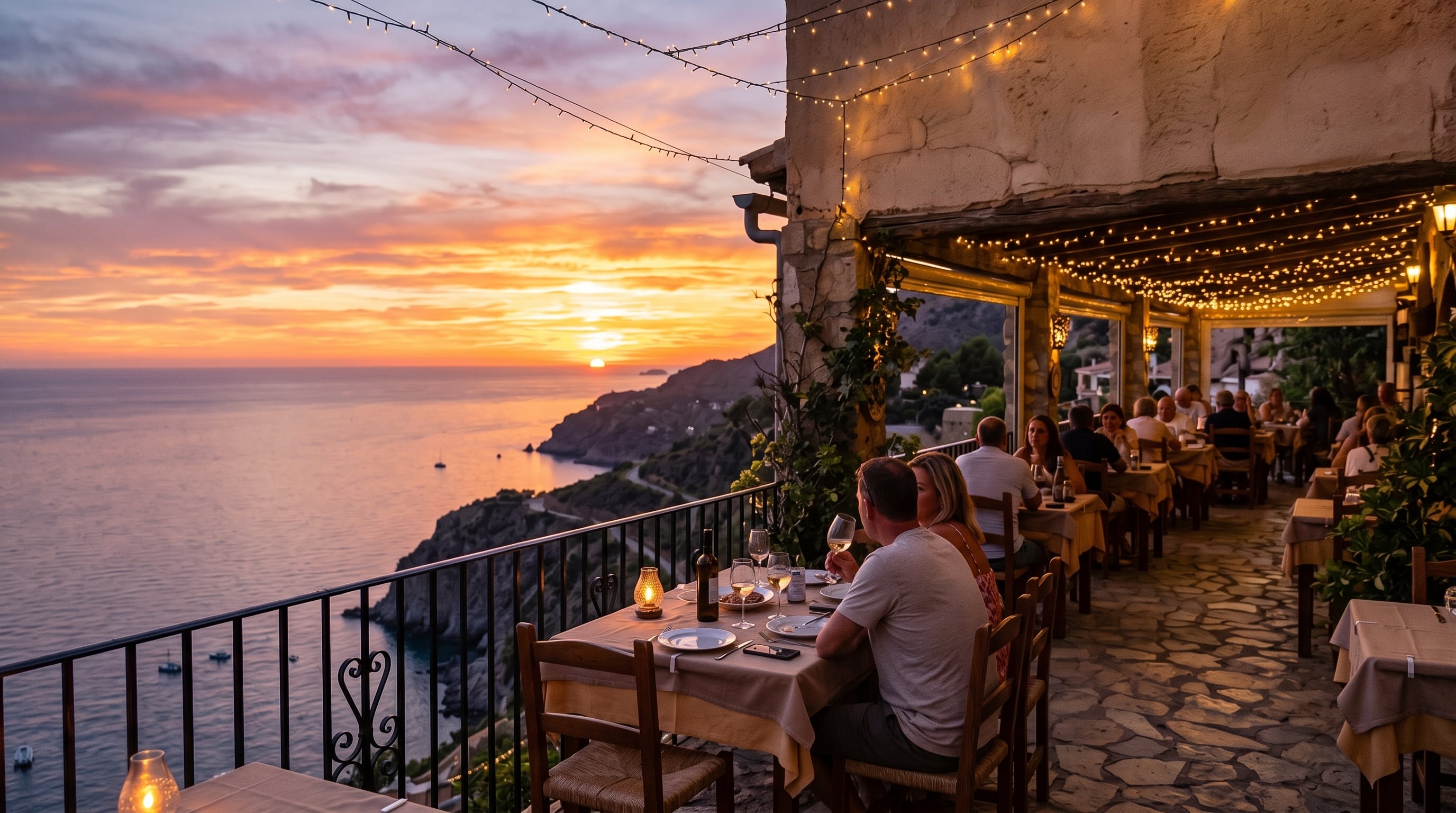 Varios comensales cenan en la terraza de un restaurante al aire libre durante la puesta de sol. (Imagen Ilustrativa Infobae)