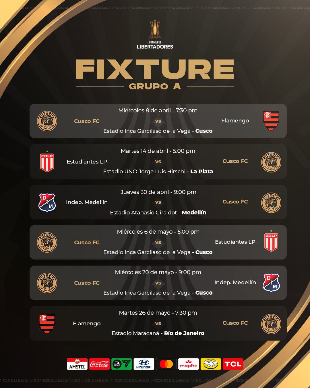 Fixture de Cusco FC en la Copa Libertadores 2026