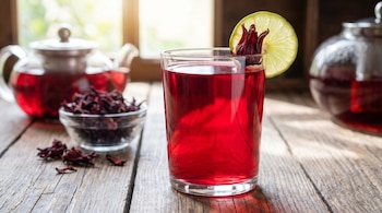 Vaso con líquido rojo, rodaja de limón, flor de hibisco, teteras de vidrio con líquido rojo, cuenco de vidrio con hibisco seco, mesa de madera.