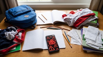 Un escritorio con mochila azul, cuadernos, lápices, uniformes escolares, libros y recibos apilados; un teléfono móvil en primer plano muestra múltiples alertas rojas.
