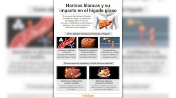 Infografía con ilustraciones de un cuerpo humano, un hígado enfermo, glucosa en sangre, células y alimentos, explicando el impacto de las harinas blancas. Fuente Infobae.