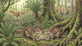 Cinco pequeños mamíferos marrones sobre el suelo musgoso de un bosque denso, con dos dinosaurios visibles en el fondo.