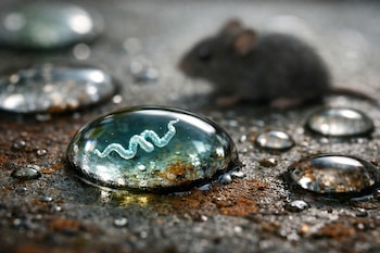 Gotas de agua sobre superficie de concreto y metal oxidado. Una gota contiene una bacteria Leptospira. Silueta desenfocada de un roedor.