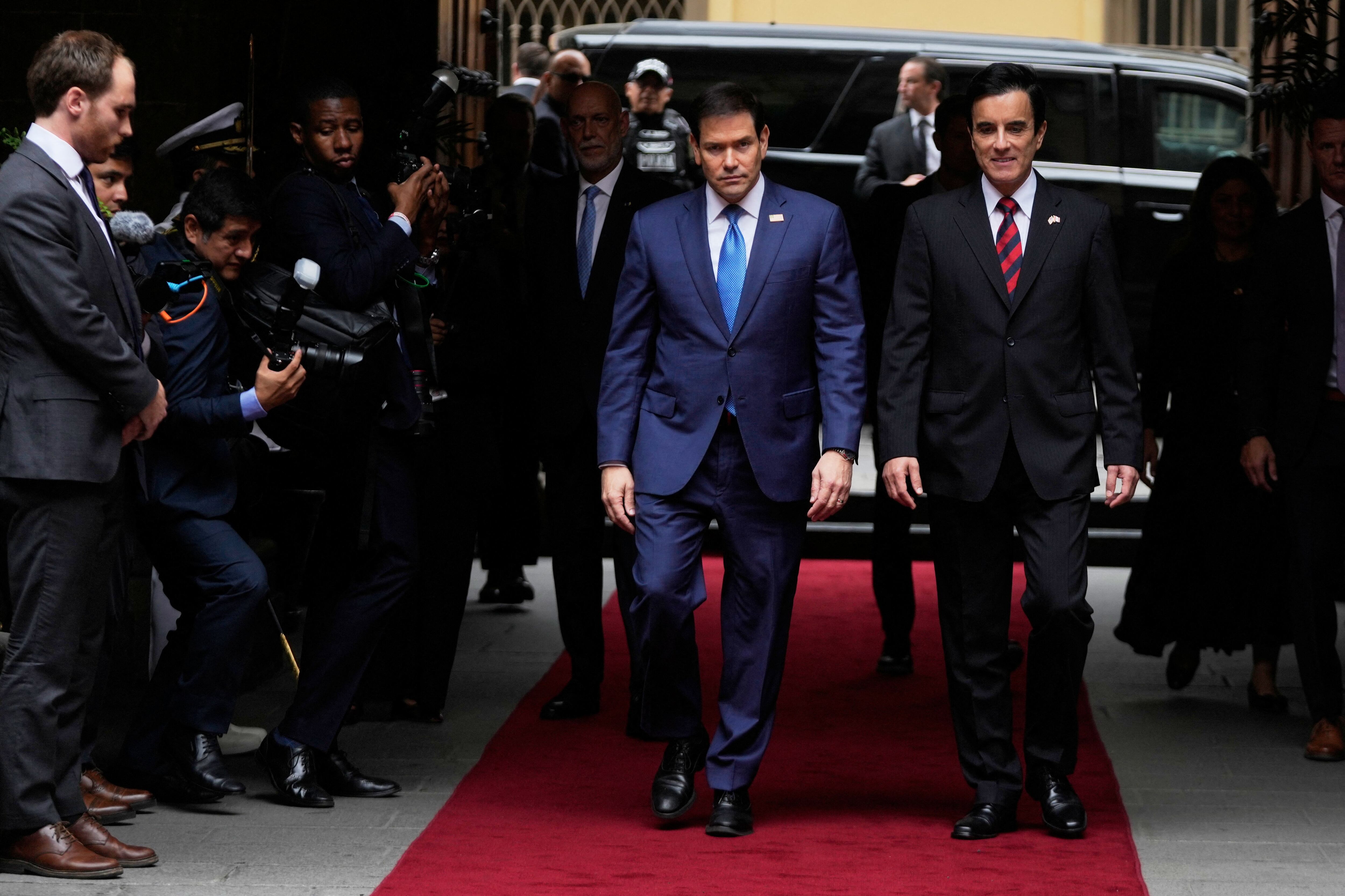 U.S. Secretary of State Marco Rubio walks with Peruvian Foreign Minister Carlos Espa in Lima, Peru, Thursday, Sept. 10, 2026. Martin Mejia/Pool via REUTERS
