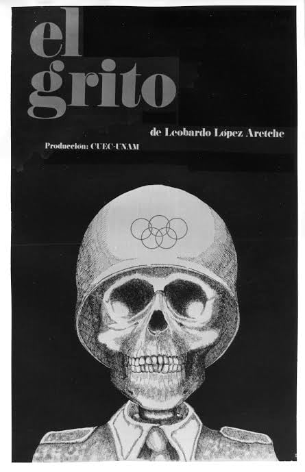 El cartel del documental El grito, dirigido por Leobardo López Aretche y producido por el CUEC-UNAM, ilustra las protestas del movimiento estudiantil de 1968 en México. (Cartel oficial/Redes sociales)