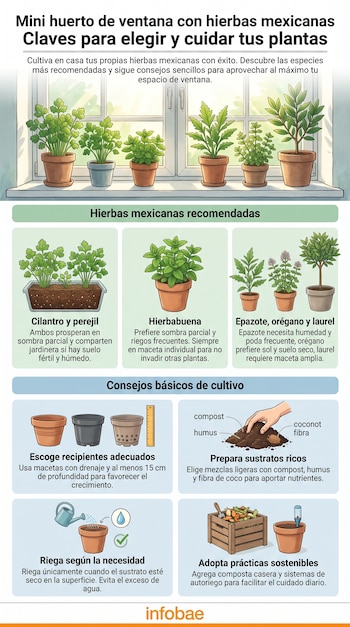 Seis macetas con plantas en un alféizar, seis hierbas mexicanas ilustradas con descripciones y cuatro paneles con consejos de cultivo.
