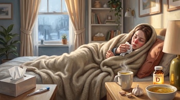 Una persona abrigada en la cama se limpia la nariz junto a un termómetro, pañuelos, caldo, té, ajo y un frasco de vitamina D.