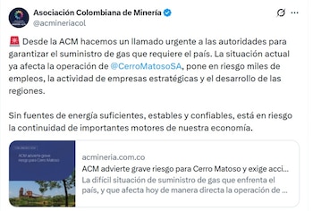 La ACM advirtió grave riesgo para Cerro Matoso y exigió acciones inmediatas para garantizar el suministro de gas en el país - crédito @acmineriacol/X