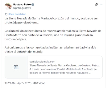 El presidente Gustavo Petro confirmó resolución que decreta la reserva ambiental en 900.000 hectáreas de la Sierra Nevada de Santa Marta - crédito @petrogustavo/X