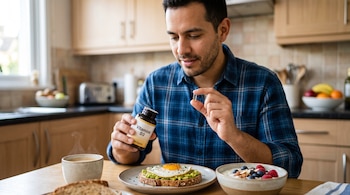 Hombre con camisa a cuadros sostiene un frasco de vitamina D3 y una cápsula junto a una tostada con huevo y un tazón de yogur.