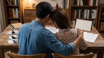 Vista trasera de una pareja sentada en mesa de madera. Él la abraza. En la mesa hay un formulario de adopción y fotos de siluetas de bebés.