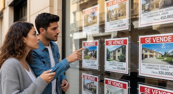 Dos jóvenes observan carteles de "Se vende" con imágenes de casas y precios en euros en el escaparate de una agencia inmobiliaria.
