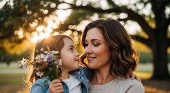 Primer plano de una mujer y una niña mirándose con cariño. La niña sostiene un ramo de flores, con el sol del atardecer brillando detrás.