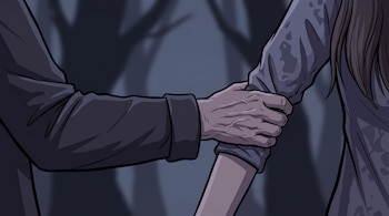 Primer plano de una mano de adulta agarrando el antebrazo de una joven. Los brazos visten mangas largas oscuras. Fondo oscuro con siluetas de sombras.