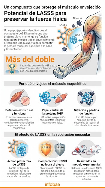 Brazo con músculo deteriorado, moléculas de LASSS, HGF y nitración, escudos, ícono de doble capacidad, ratones. Infografía de Infobae con textos.