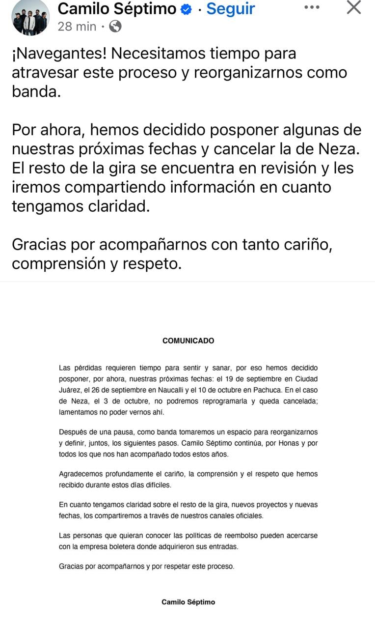 Comunicado de Camilo Séptimo en redes (Facebook)