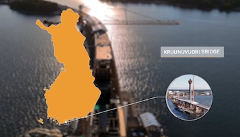 Mapa naranja de Finlandia sobre una vista aérea borrosa de un puente y agua, con un recuadro mostrando de cerca el Puente Kruunuvuori en construcción